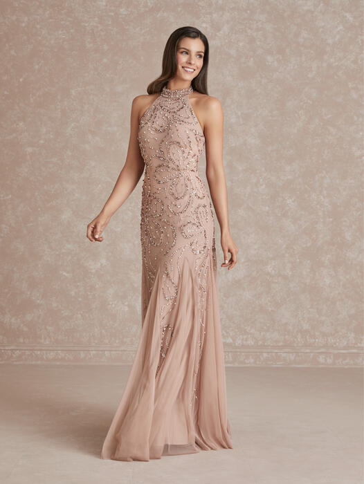 Hand-Beaded Blouson Long Gown With Flutter Sleeves In Nude | Adrianna Papell