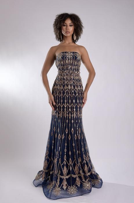 rose gold and navy dress Adrianna Papell Women's Bead Mesh Godet Long Dress