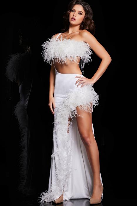 Jovani 08525 Sleeveless V-Neck Feather Skirt Long Prom Dress