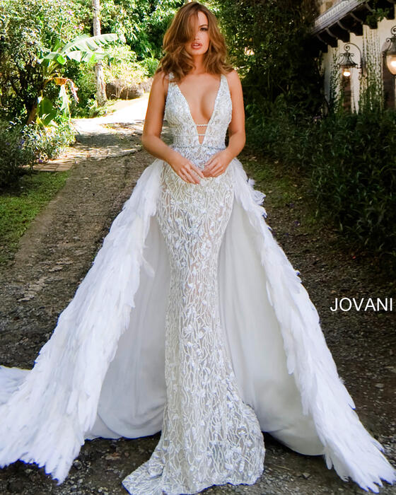 Jovani Bridal S61508 Ivory Nude One Shoulder Sleeveless Beaded Wedding Dress