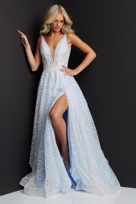 JVN38193 Royal Blue Corset Bodice High Slit Prom Dress Sweetheart Neckline  Spaghetti Straps Side Skirt