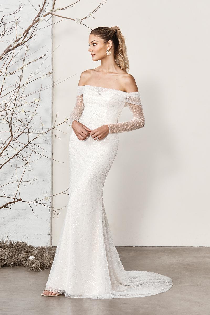 Cuffed Off-the-Shoulder Lace Sheath Gown