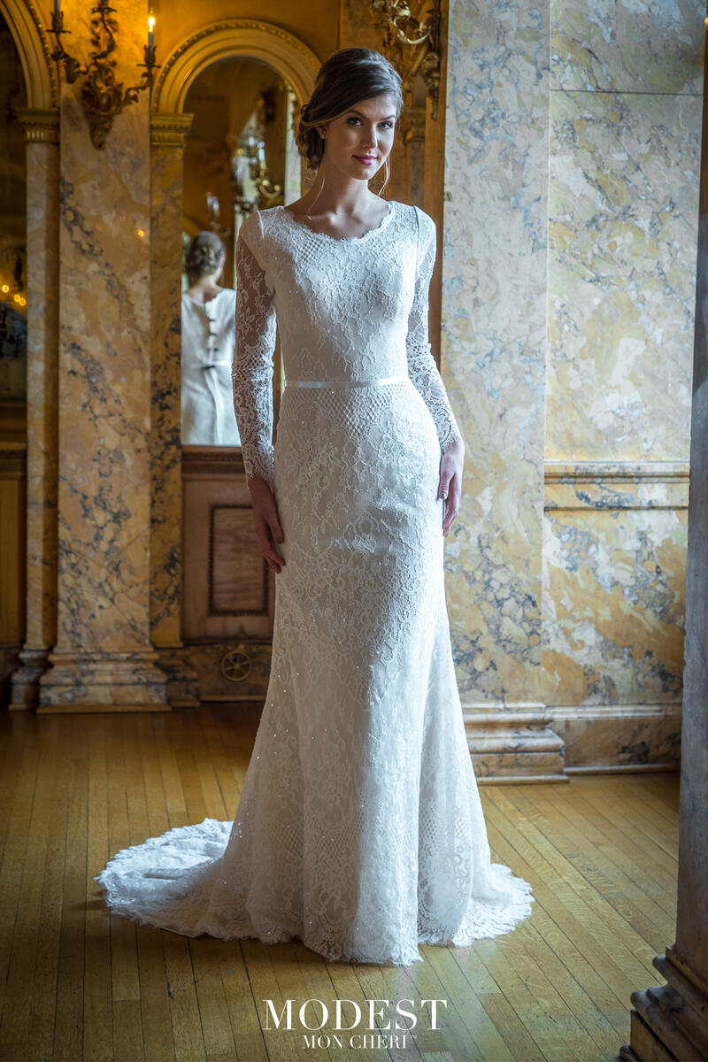 All-Over Lace Fit-and-Flare Wedding Dress with Sheer Sides