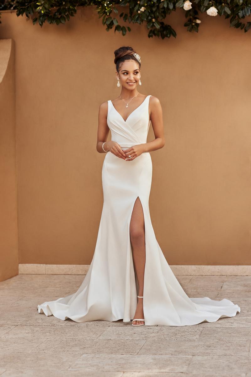 Plunging V-Neck Ruffle Strap Low Back Crepe Gown