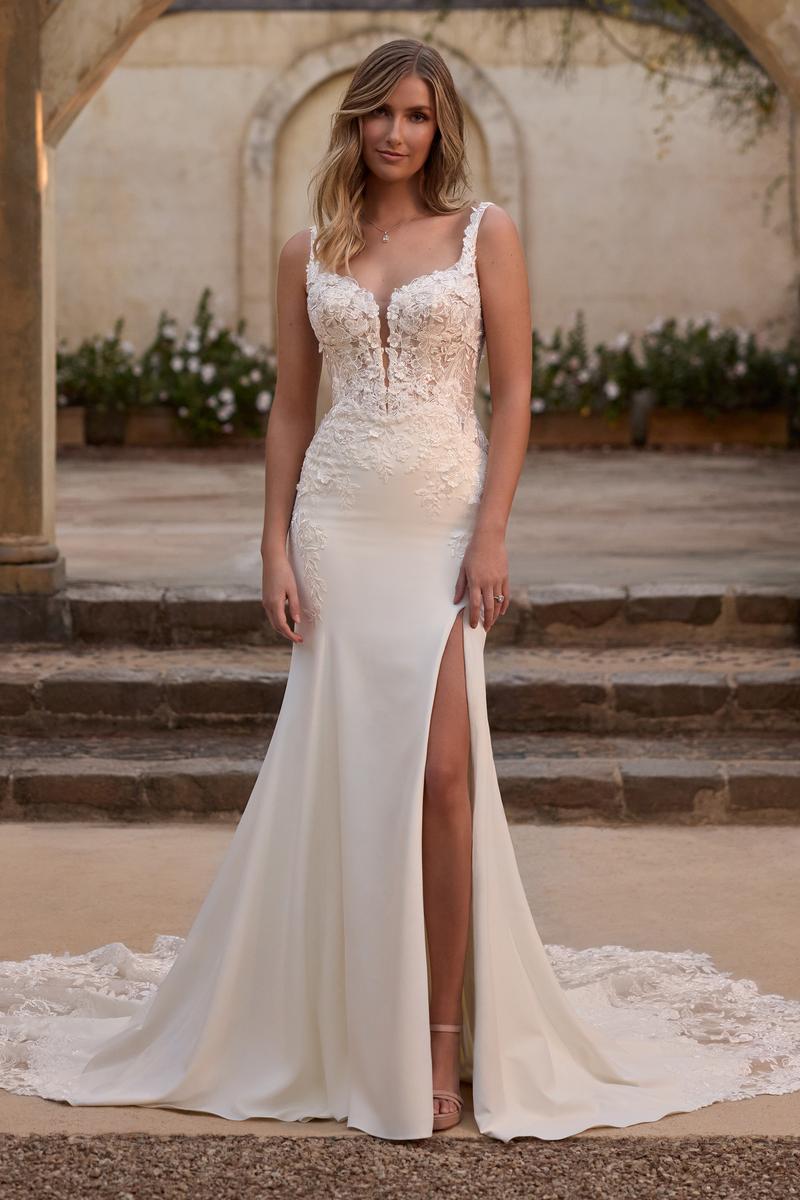 Beaded stretch crepe wedding dress hotsell