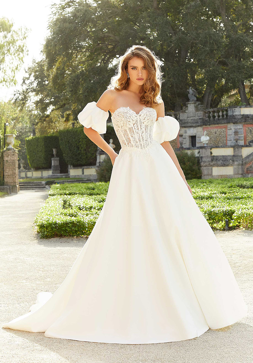 sleek satin strapless corset wedding dress with split