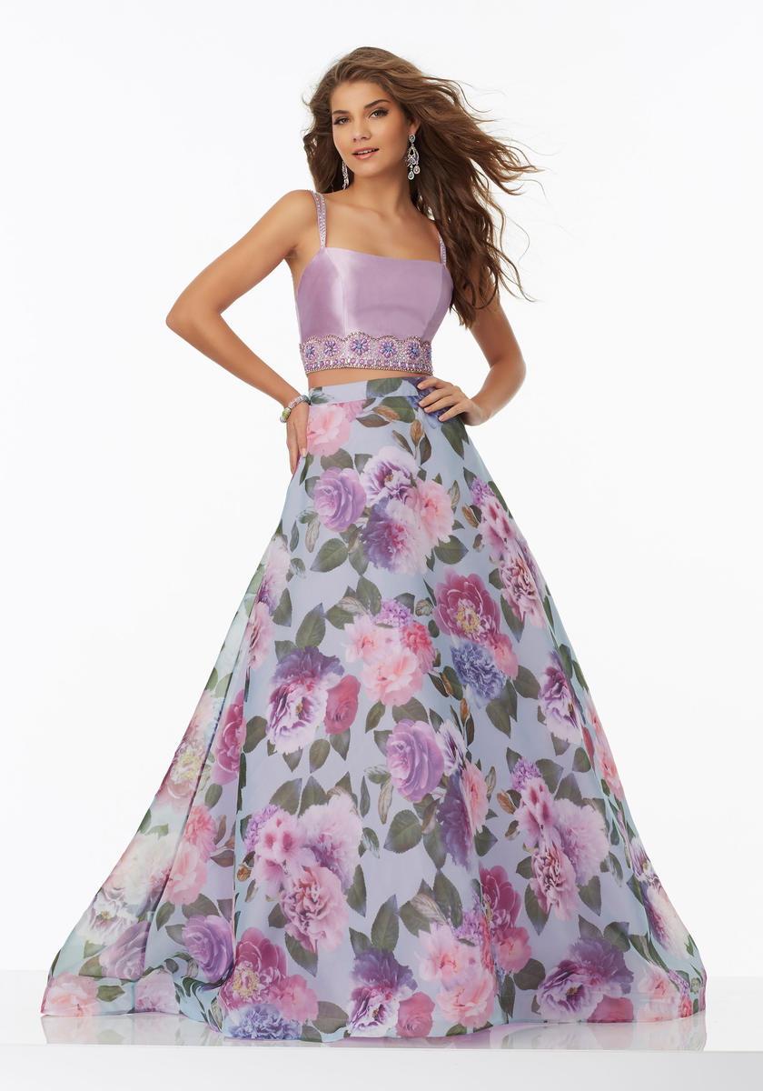 Floral-Beaded Long Formal Dress with Strappy Back