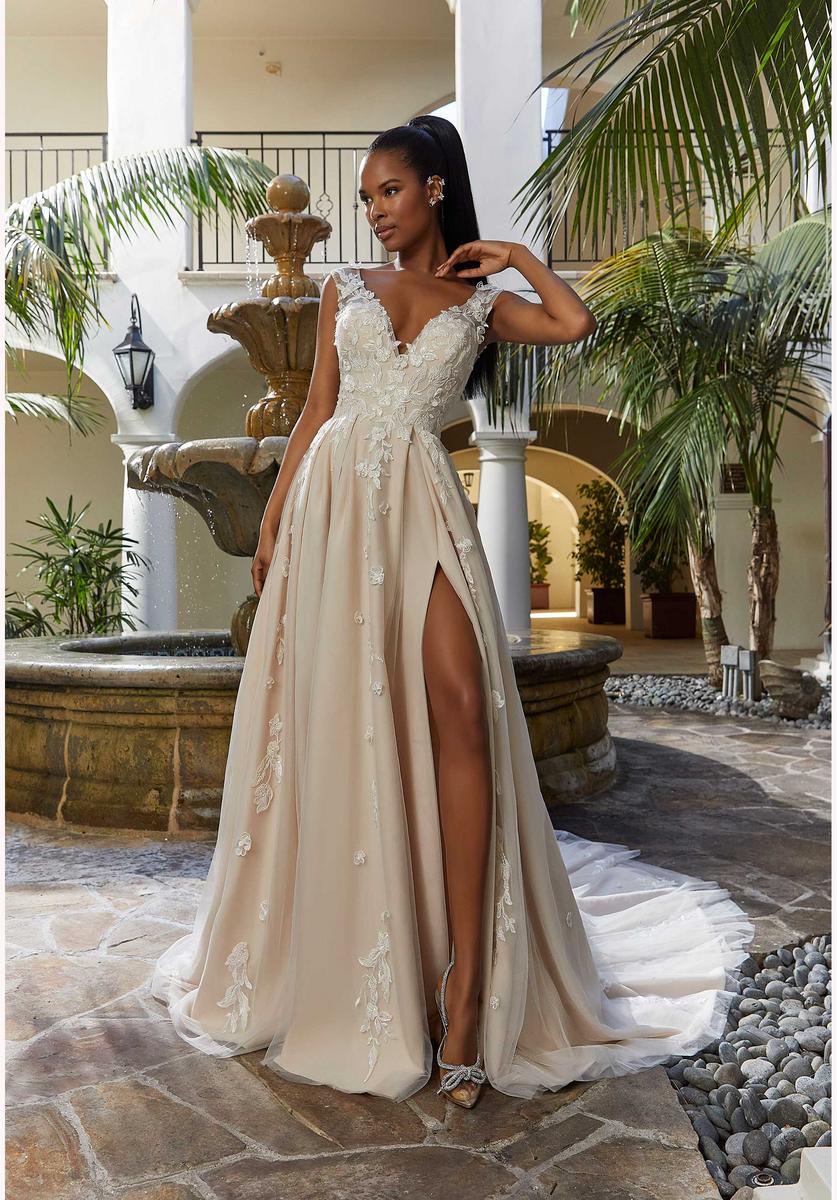 Sexy Deep V Lace Appliques Wedding Dresses Hot Slit Tulle Bridal