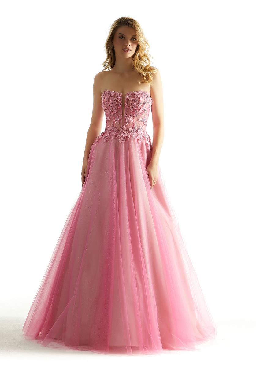 Pink Floral Lace Applique Pink Floral Prom Dress With Sheer