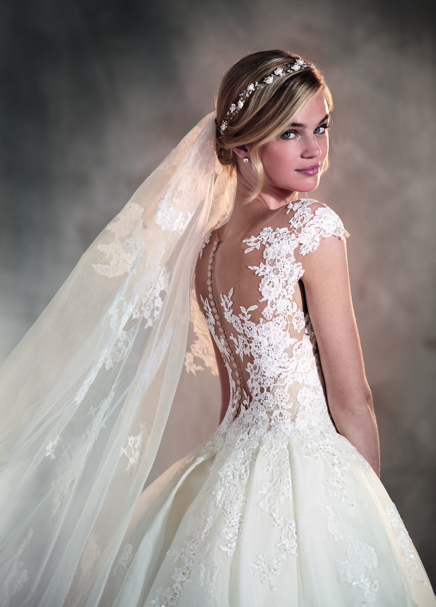 Modest Satin Wedding Dress With Sheer Sleeves – Adela Designs