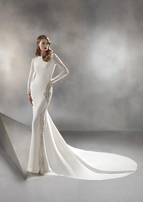ANDREWS By Pronovias Bridal ANDREWs Fit & flare wedding dress with V-neck  and long sleeves | Bridal & Formal Wear