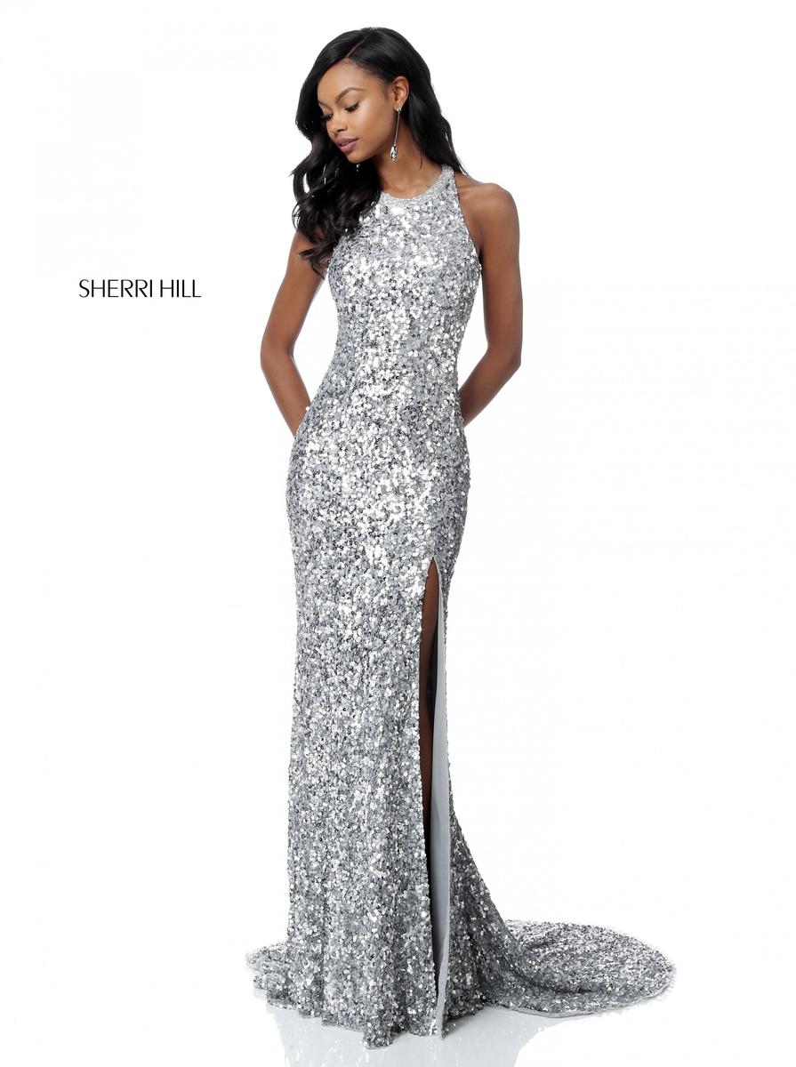 sherri hill silver prom dress