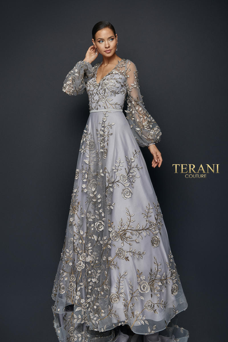 terani couture v neck embroidered illusion lace ball gown