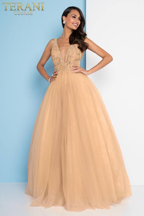strapless open back dress La Femme 32149 - Long Satin/Pearl Tulle A Line Dress