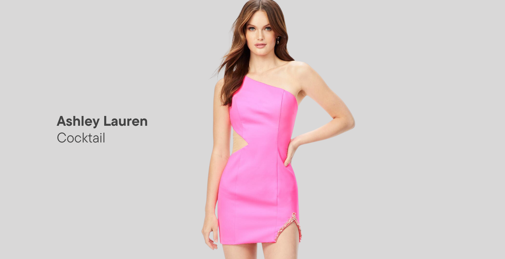 female wearing hot pink short dress with cut out with text reading 'Ashley Lauren Cocktail' on the left