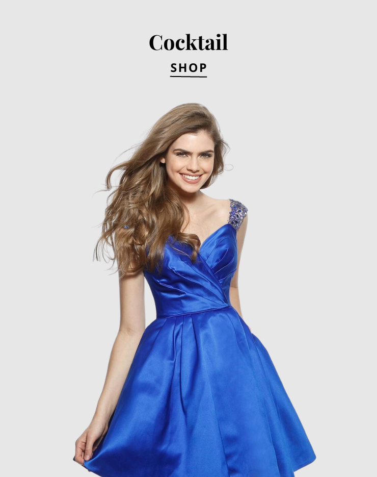 A girl wearing a short blue dress with a text overlay that says 'Shop Cocktail'.