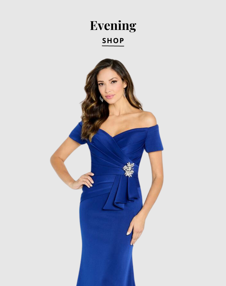 A woman wearing a long blue dress with a text overlay that says 'Shop evening wear'.