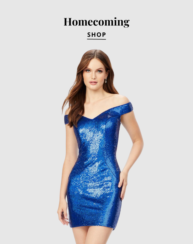 A girl wearing a blue dress with a text overlay that says 'Shop Homecoming'.
