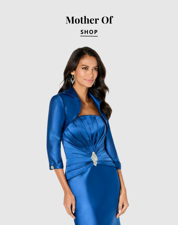 A woman wearing a blue dress with a text overlay that says 'Shop Mother of'.
