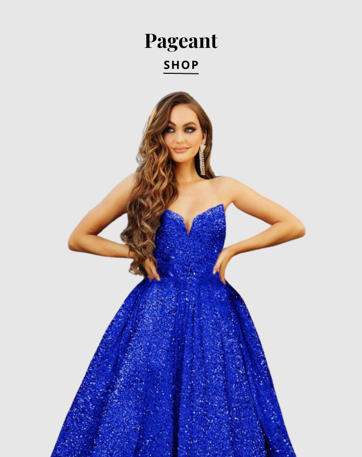 A girl wearing a blue sparkly dress with a text overlay that says 'Shop Pageant'.