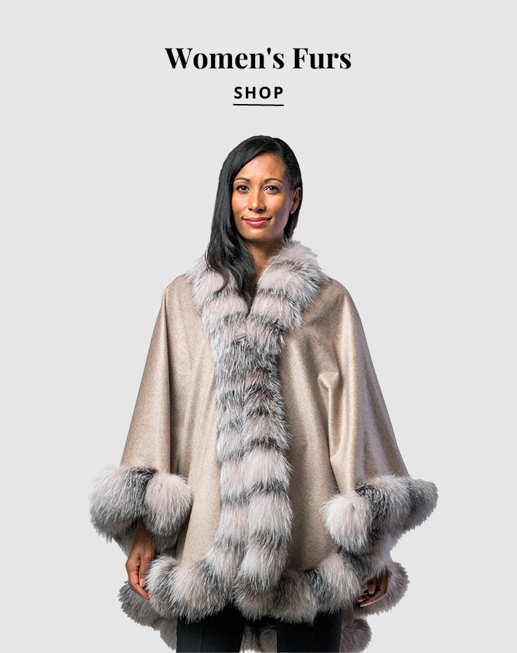 A woman wearing a beige fur coat with a text overlay that says 'Shop Women's furs'.