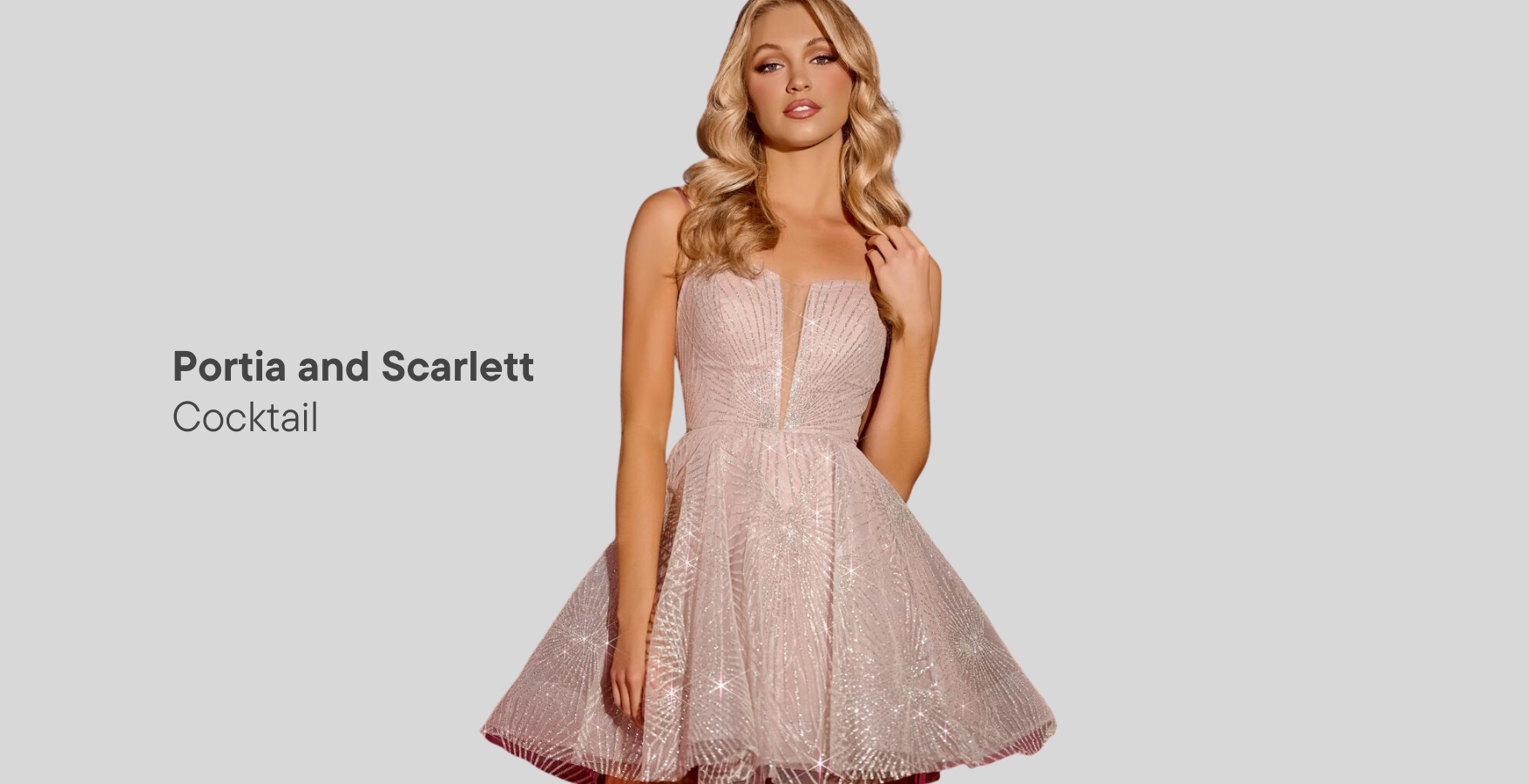 female wearing blush short a-line dress with text 'portia and scarlett cocktail' on the left