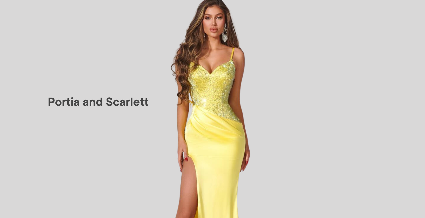 female wearing yellow satin prom dress with text 'Portia and Scarlett' on the left