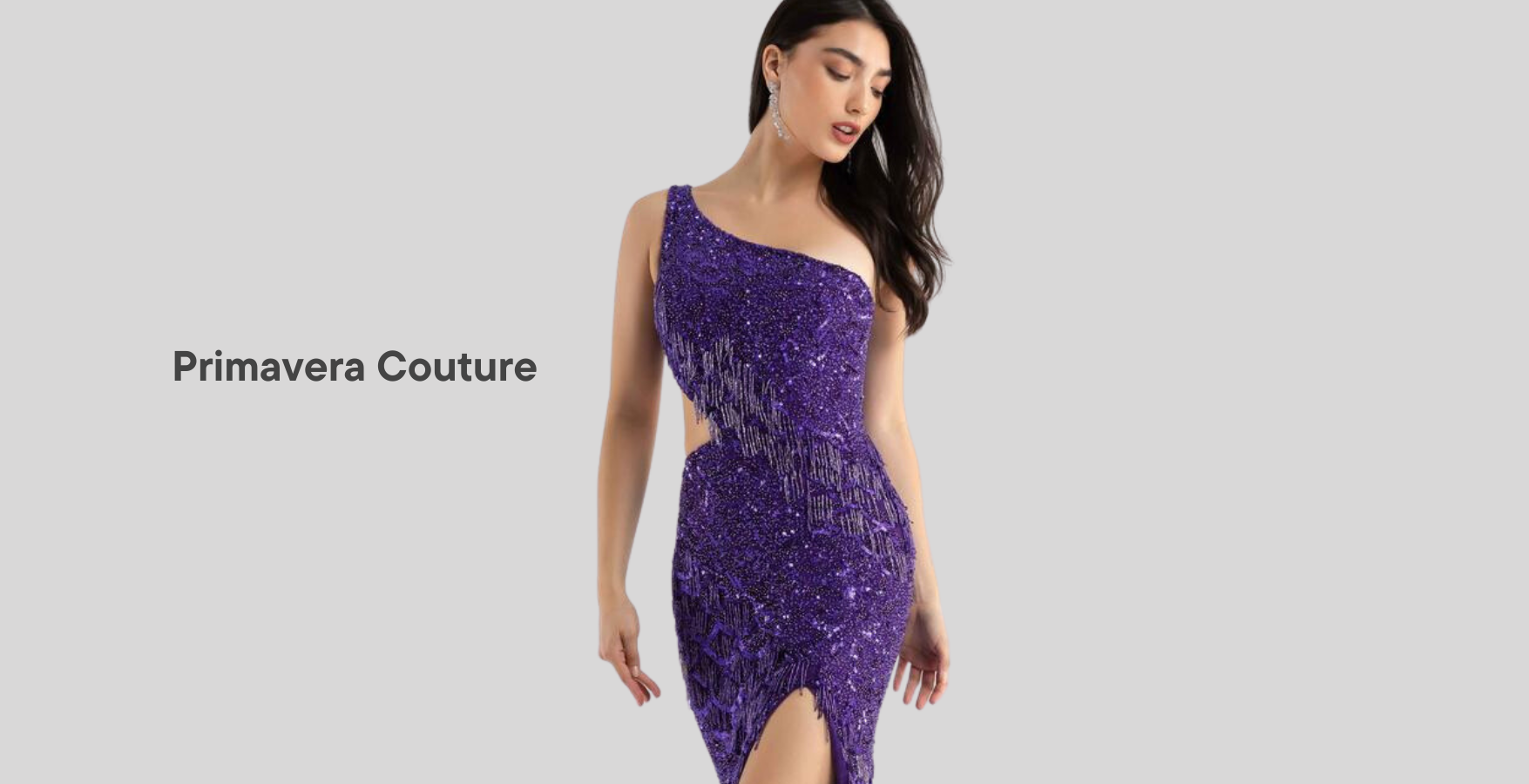 female wearing purple sparkly dress with text reading 'Primevera Couture' on the left