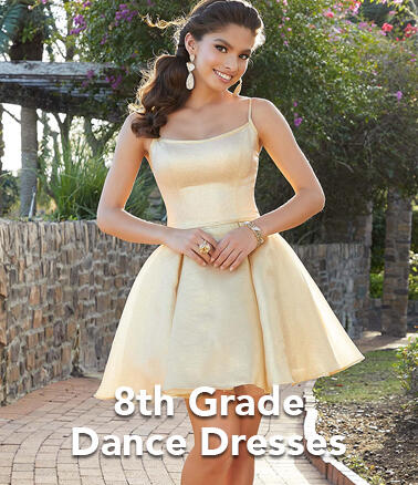 Picture of gold short dress perfect for 8th Grade Dance or Bat Mitzvah