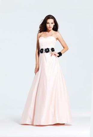 Strapless satin A-line gown. 
