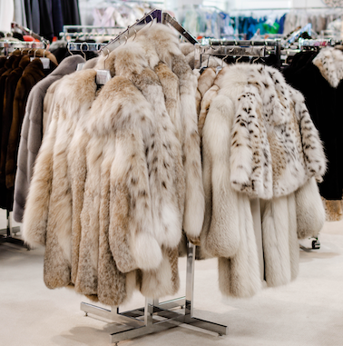 white and spotted furs on a metal coat rack