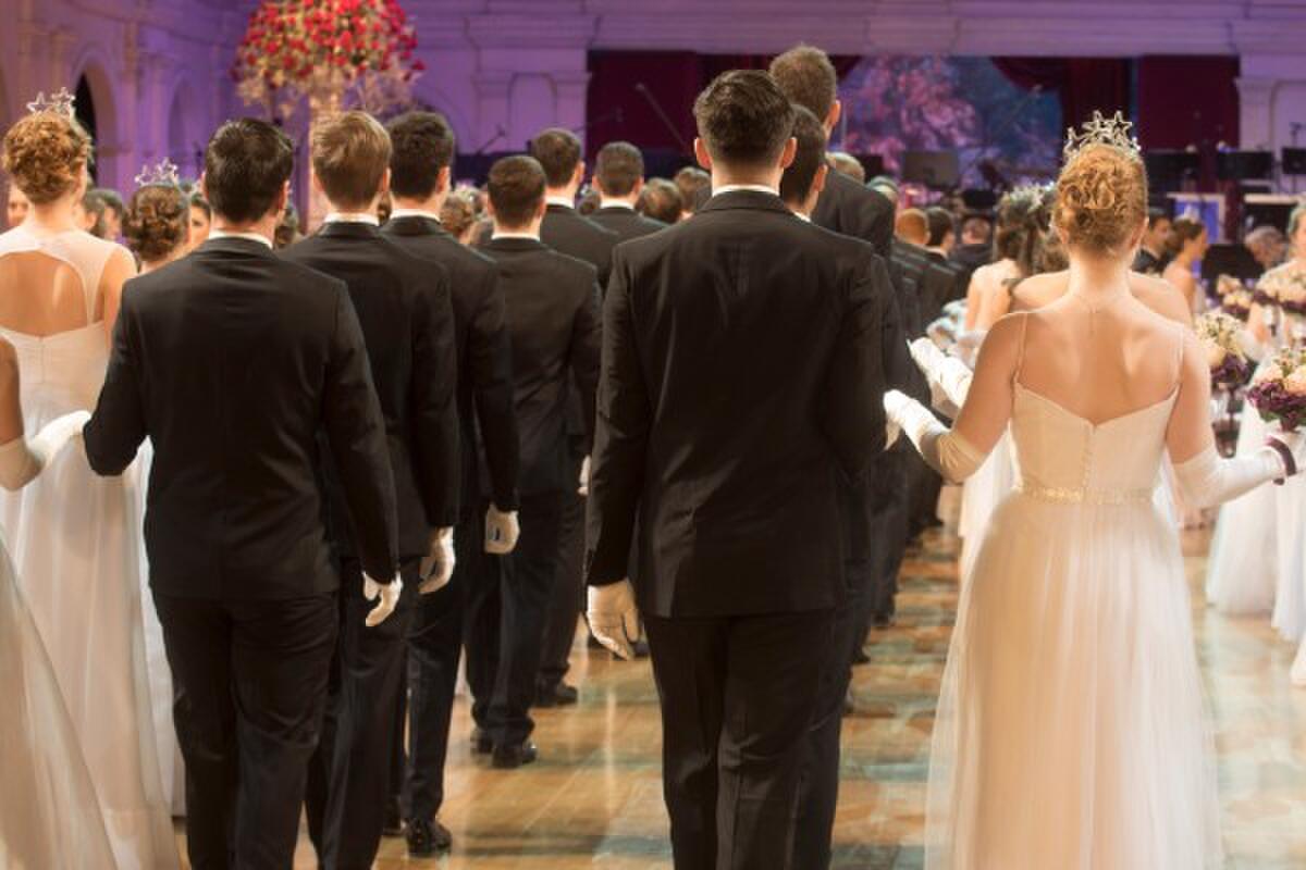 Two lines of men in black suits hold hands with women in white gowns. They are turned with their back to the camera.