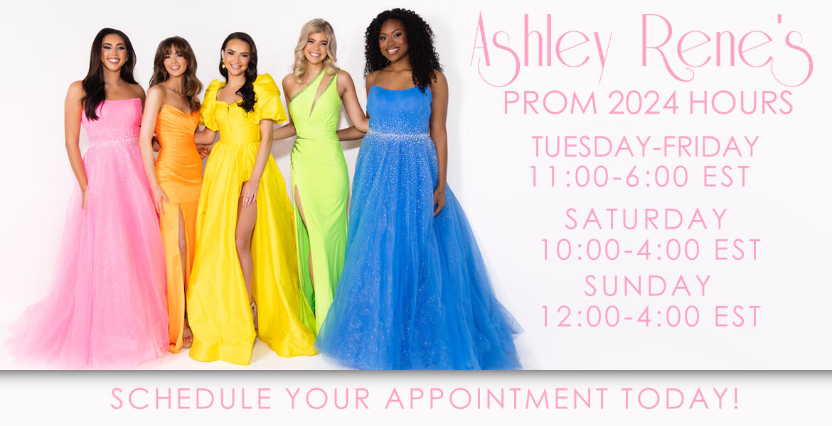 5 high school girls wearing prom dresses and Ashley Rene's new Spring 2024 hours 