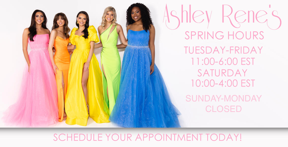 5 high school girls wearing prom dresses and Ashley Rene's new Spring 2024 hours 