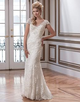 Beaded venice lace and tulle fit and flare highlighted with a v-neck neckline.