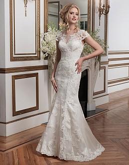 Embroidered lace and tulle fit and flare accentuated with a sabrina neckline.