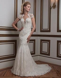 Venice and Chantilly lace fit and flare emphasized with a jewel neckline