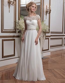 Beaded embroidery and chiffon ball gown with a portrait neckline