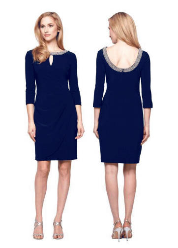  Plus Size Dark Blue Jersey Dress with Sleeves & Beaded Neckline  54744351239