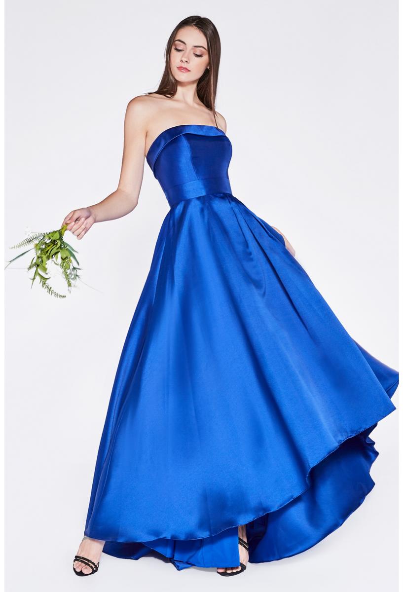 Strapless mikado gown with high low hem and straight neckline
