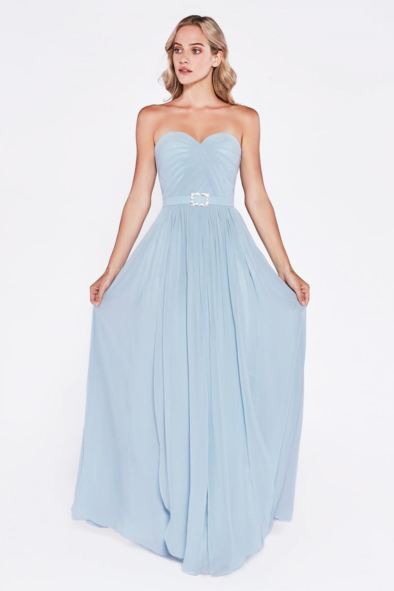 Strapless a-line chiffon gown with gathered bodice and belt C7460
