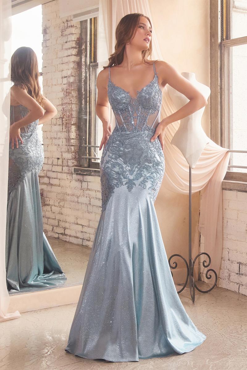 Ladivine CD868 Sheer Corset Maxi Slit Prom Dress Pageant Gown