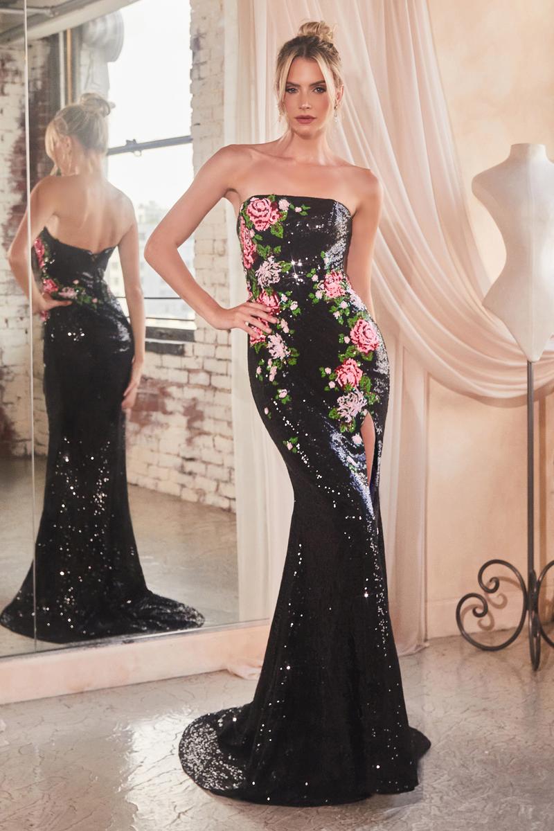 LADIVINE-Strapless, Floral Printed, Lace-Up Back, Fitted Bodice, Train CD811