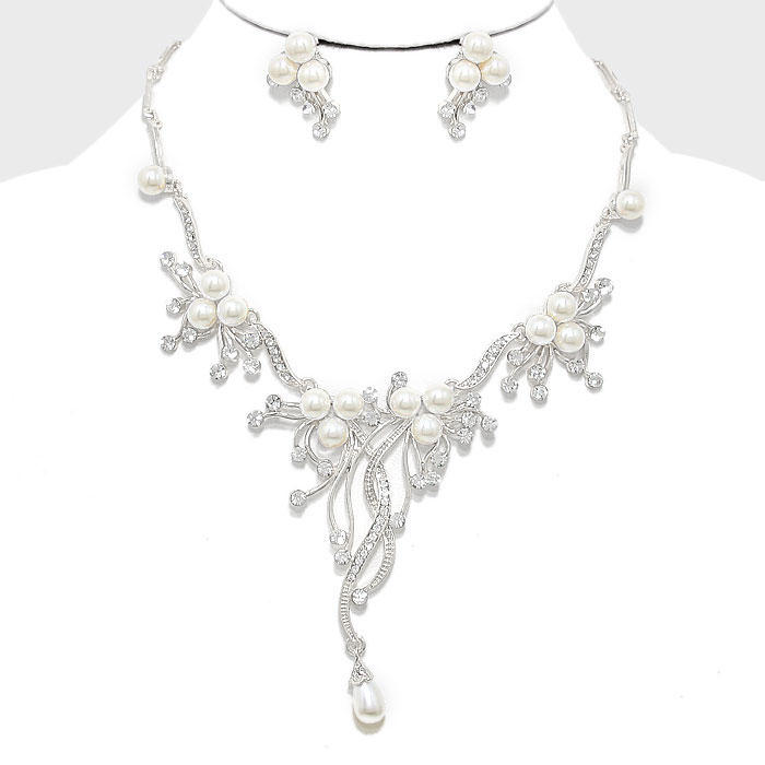  Pearl Accented Floral Rhinestone Necklace