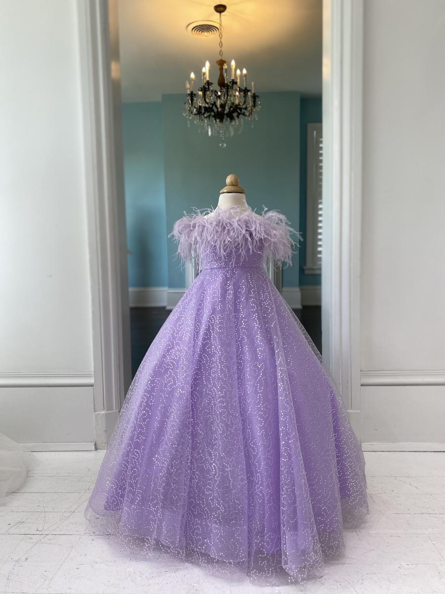 Sherri Hill Children's Lilac pageant gown with feathers K55025