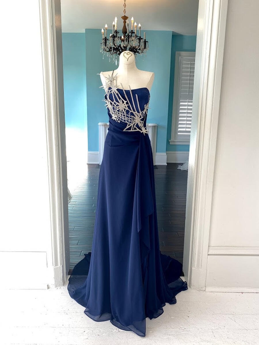 Juan Carlos Pinera Navy bustier gown with rhinestones and chiffon skirt