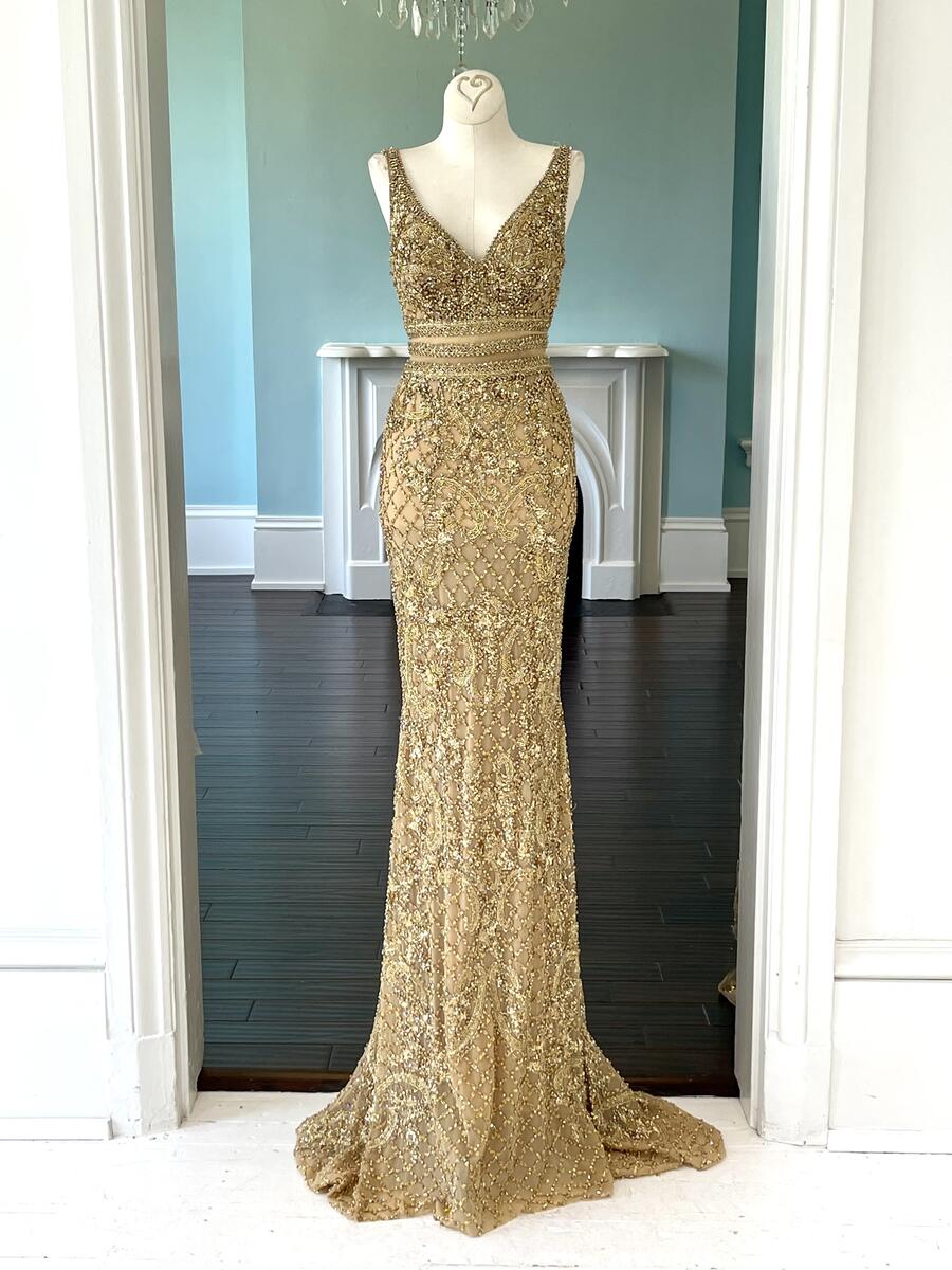 Sherri Hill Couture gold fully beaded pageant gown 44307