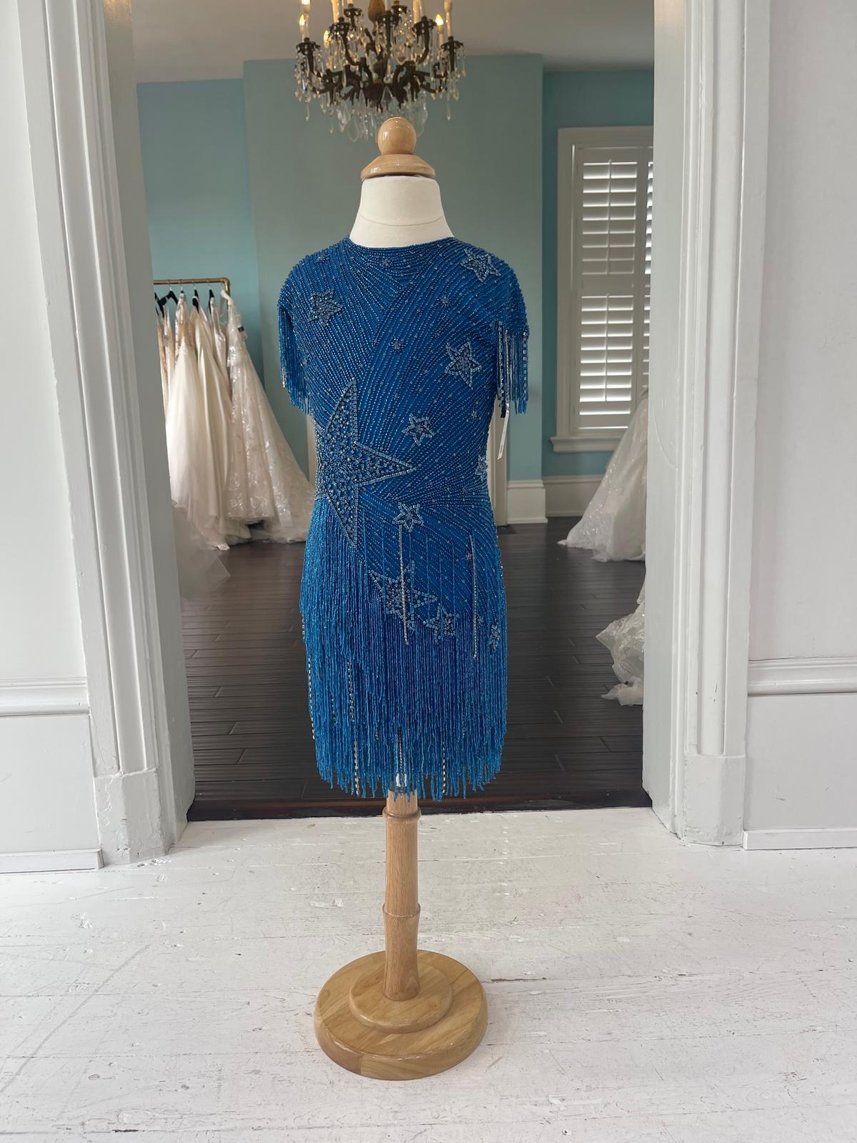 Sherri Hill Star Fringe Peacock Blue children's cocktail dress K55043