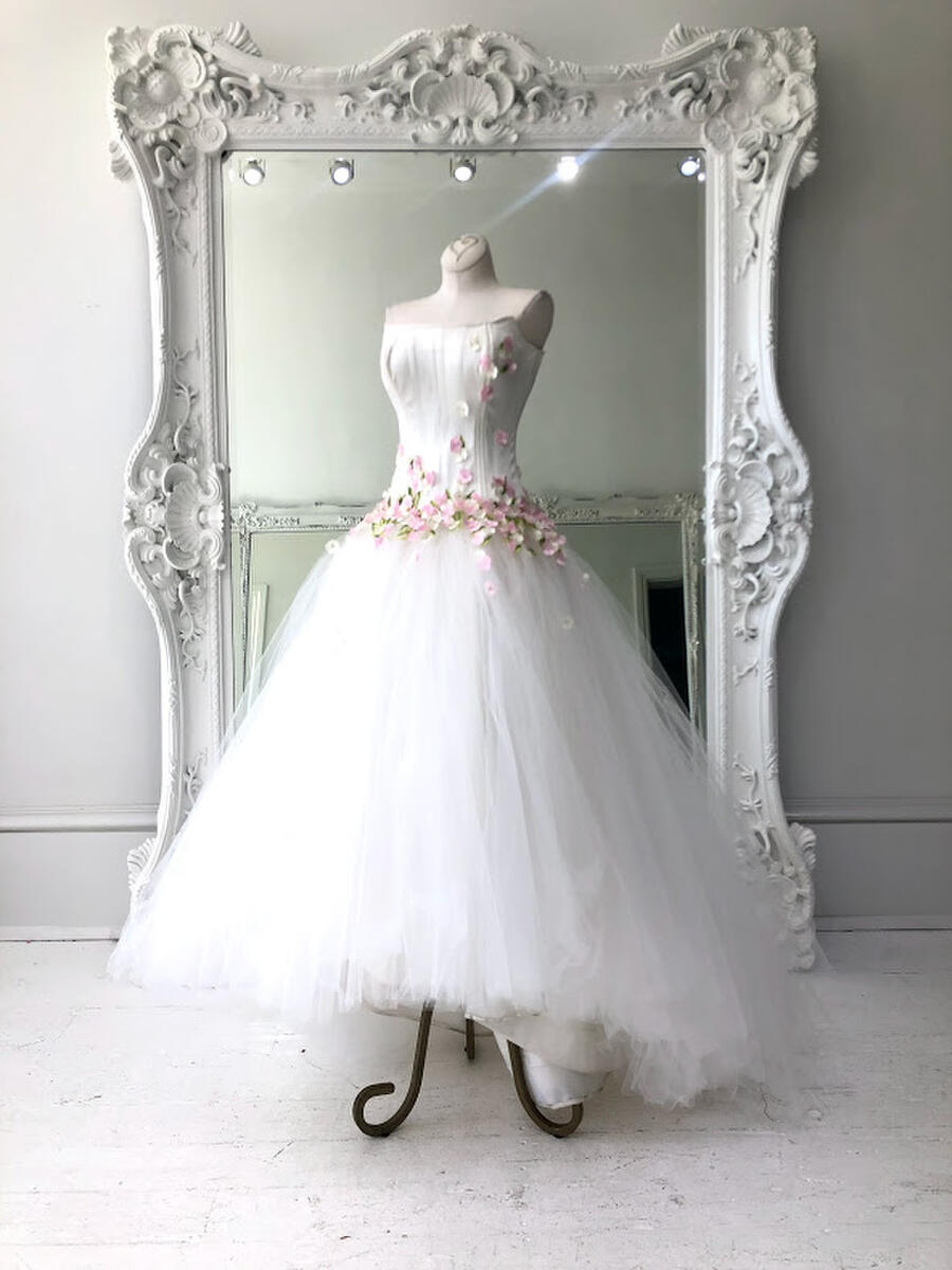 Juan Carlos Pinera ballgown with bustier top and floral applique WHITE/FLOWERS