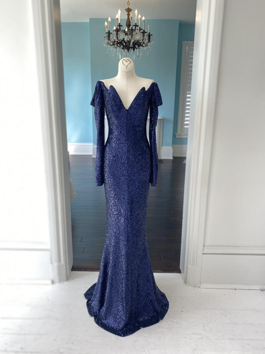 Juan Carlos Pinera long sleeve fully sequins beaded fitted gown in Navy
